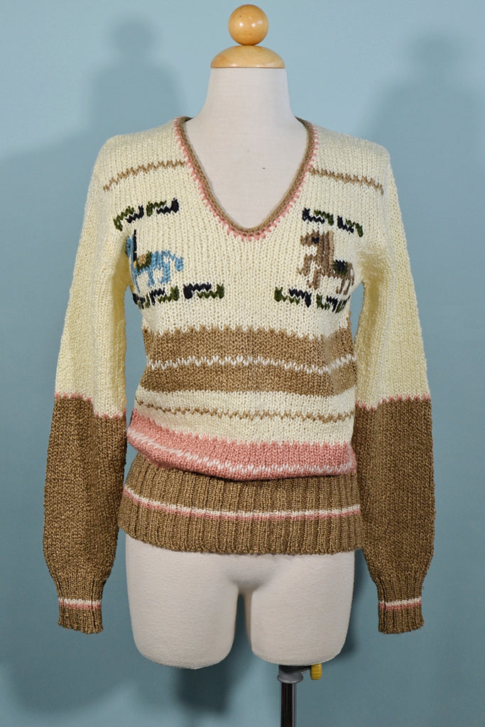 vintage V neck sweater with horses